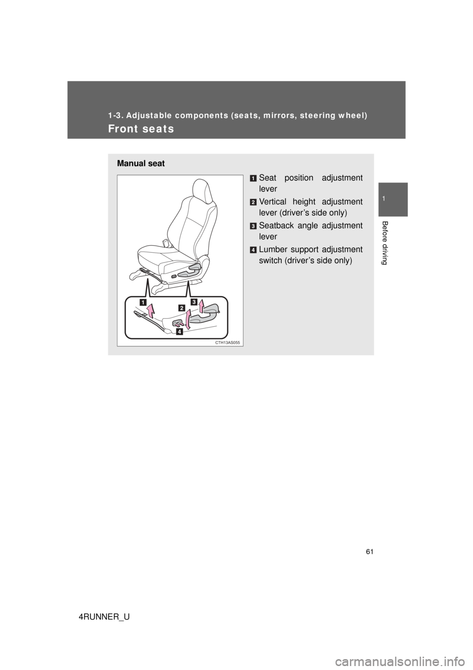 TOYOTA 4RUNNER 2010 N280 / 5.G Owners Manual 61
1
Before driving
4RUNNER_U
1-3. Adjustable components (seats, mirrors, steering wheel)
Front seats
Manual seat 
Seat position adjustment
lever
Vertical height adjustment
lever (driver’s side only