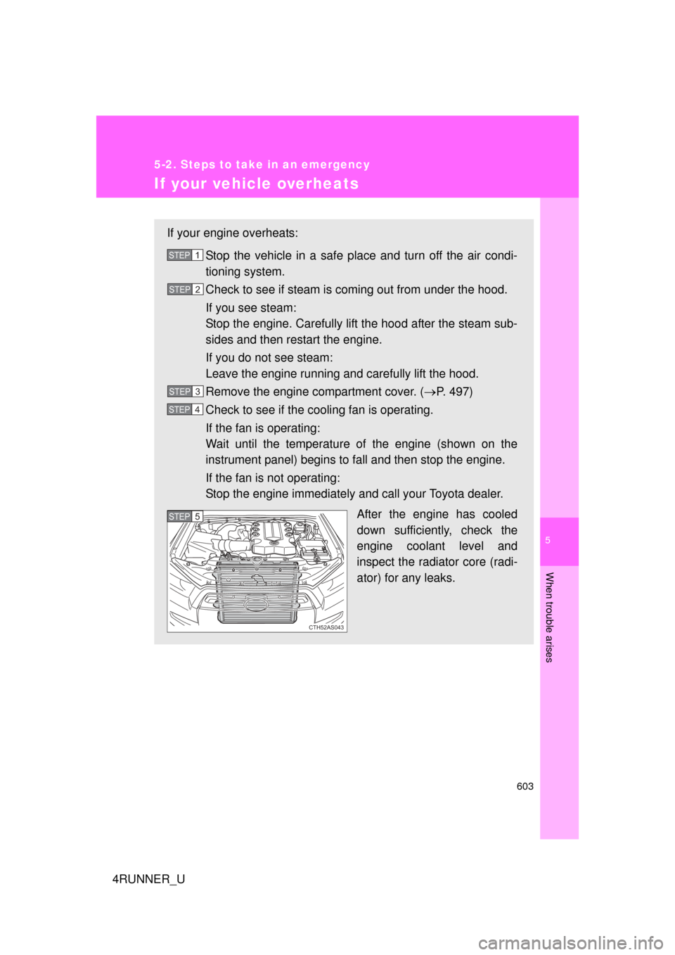 TOYOTA 4RUNNER 2010 N280 / 5.G Owners Manual 5
When trouble arises
603
5-2. Steps to take in an emergency
4RUNNER_U
If your vehicle overheats
If your engine overheats:Stop the vehicle in a safe place and turn off the air condi-
tioning system.
C