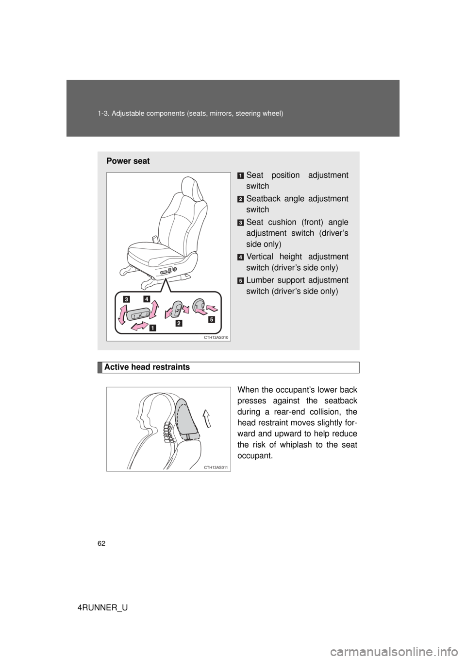 TOYOTA 4RUNNER 2010 N280 / 5.G Owners Manual 62 1-3. Adjustable components (seats, mirrors, steering wheel)
4RUNNER_U
Active head restraints
When the occupant’s lower back
presses against the seatback
during a rear-end collision, the
head rest