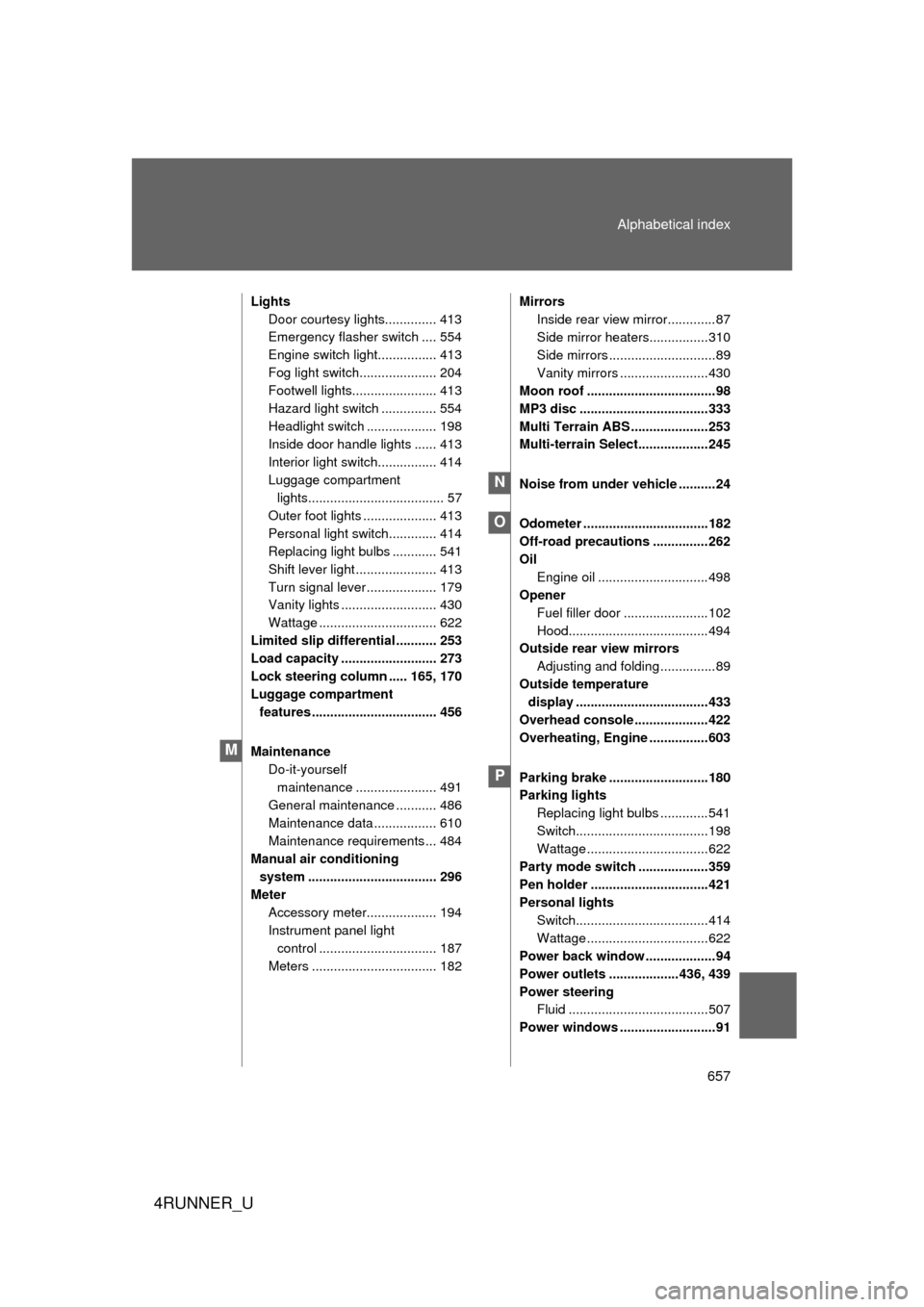 TOYOTA 4RUNNER 2010 N280 / 5.G Owners Manual 657
Alphabetical index
4RUNNER_U
Lights
Door courtesy lights.............. 413
Emergency flasher switch .... 554
Engine switch light................ 413
Fog light switch..................... 204
Footw