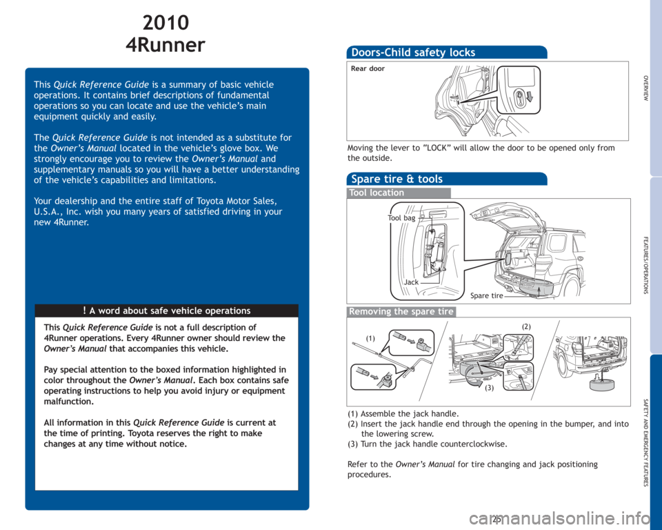 TOYOTA 4RUNNER 2010 N280 / 5.G Quick Reference Guide 2010
4Runner
!Awordaboutsafevehicleoperations ThisQuick Reference Guideis a summary of basic vehicle
operations. It contains brief descriptions of fundamental
operations so you can locate and use the TOYOTA 4RUNNER 2010 N280 / 5.G Quick Reference Guide 2010
4Runner
!Awordaboutsafevehicleoperations ThisQuick Reference Guideis a summary of basic vehicle
operations. It contains brief descriptions of fundamental
operations so you can locate and use the