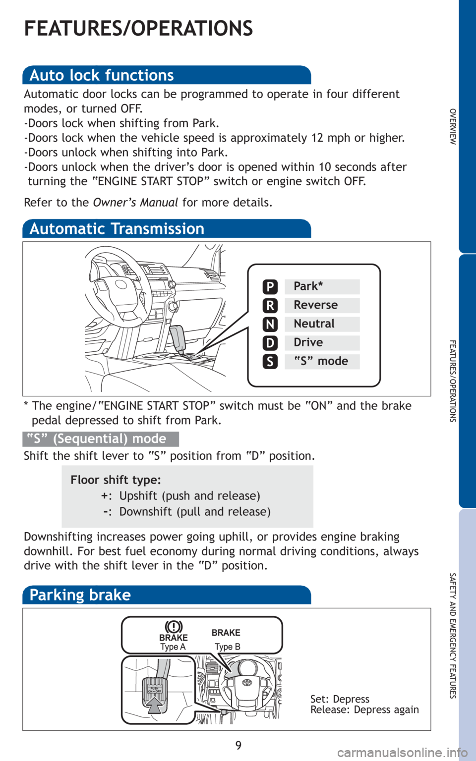 TOYOTA 4RUNNER 2010 N280 / 5.G Quick Reference Guide 9
OVERVIEW
FEATURES/OPERATIONS
SAFETY AND EMERGENCY FEATURES
FEATURES/OPERATIONS
Automatic Transmission
* The engine/“ENGINE START STOP” switch must be “ON” and the brake
pedal depressed to sh