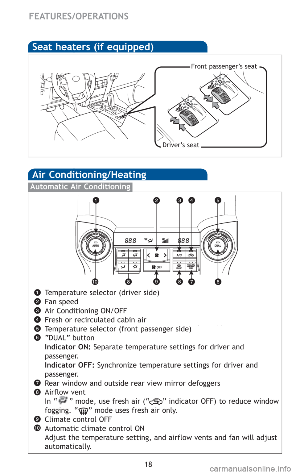 TOYOTA 4RUNNER 2010 N280 / 5.G Quick Reference Guide 18
Air Conditioning/Heating
FEATURES/OPERATIONS
Temperature selector (driver side)
Fan speed
Air Conditioning ON/OFF
Fresh or recirculated cabin air
Temperature selector (front passenger side)
“DUAL TOYOTA 4RUNNER 2010 N280 / 5.G Quick Reference Guide 18
Air Conditioning/Heating
FEATURES/OPERATIONS
Temperature selector (driver side)
Fan speed
Air Conditioning ON/OFF
Fresh or recirculated cabin air
Temperature selector (front passenger side)
“DUAL