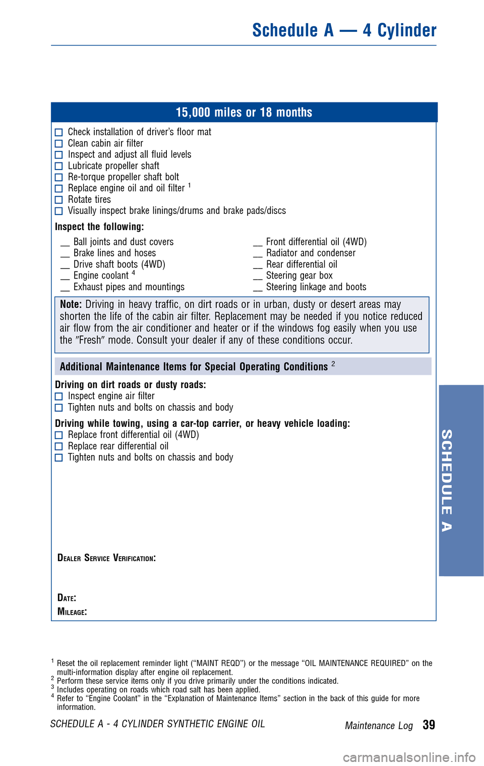 TOYOTA 4RUNNER 2010 N280 / 5.G Warranty And Maintenance Guide JOBNAME: 277087-2010-4rn-toyw PAGE: 39 SESS: 19 OUTPUT: Wed Feb 17 17:19:22 2010
/tweddle/toyota/sched-maint/277087-en-4rn/wg
15,000 miles or 18 months
Check installation of driver’s floor matClean TOYOTA 4RUNNER 2010 N280 / 5.G Warranty And Maintenance Guide JOBNAME: 277087-2010-4rn-toyw PAGE: 39 SESS: 19 OUTPUT: Wed Feb 17 17:19:22 2010
/tweddle/toyota/sched-maint/277087-en-4rn/wg
15,000 miles or 18 months
Check installation of driver’s floor matClean
