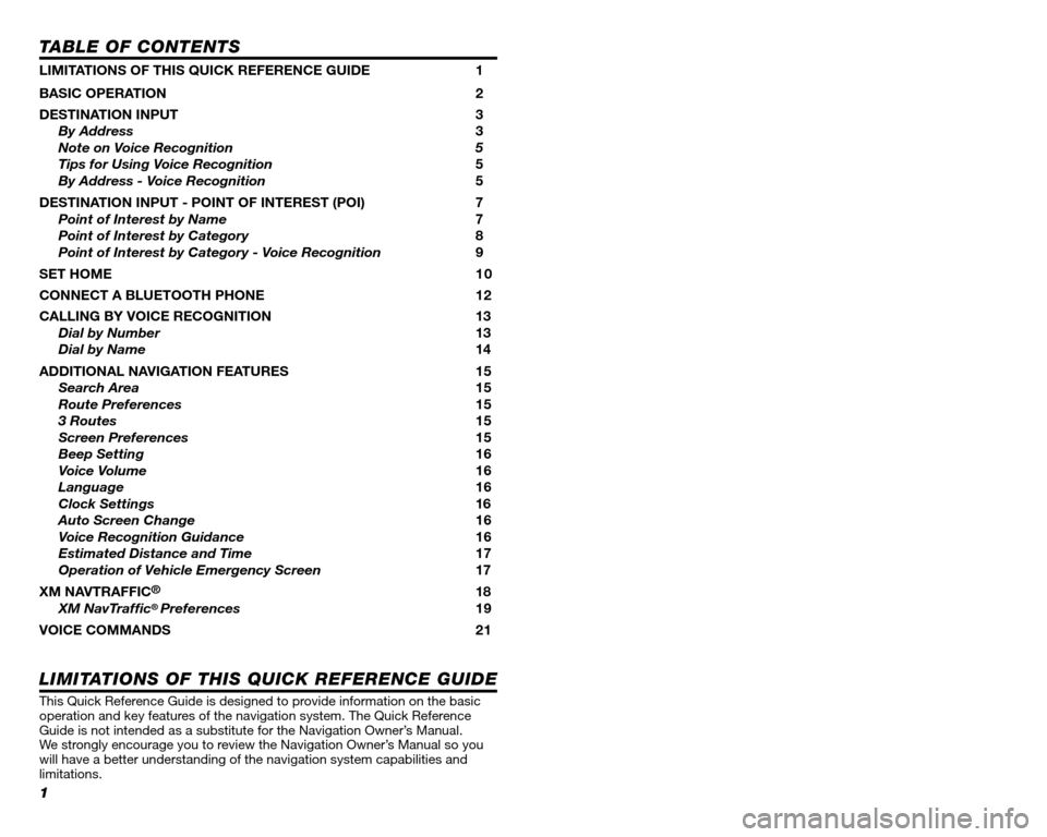 TOYOTA 4RUNNER 2011 N280 / 5.G Navigation Manual 
1
TABLE OF CONTENTS
LIMITATIONS OF THIS QUICK REFERENCE GUIDE 1
BASIC OPERATION 2
DESTINATION INPUT 3
By Address 3
Note on Voice Recognition  5     
Tips for Using Voice Recognition 5
By Address - Vo