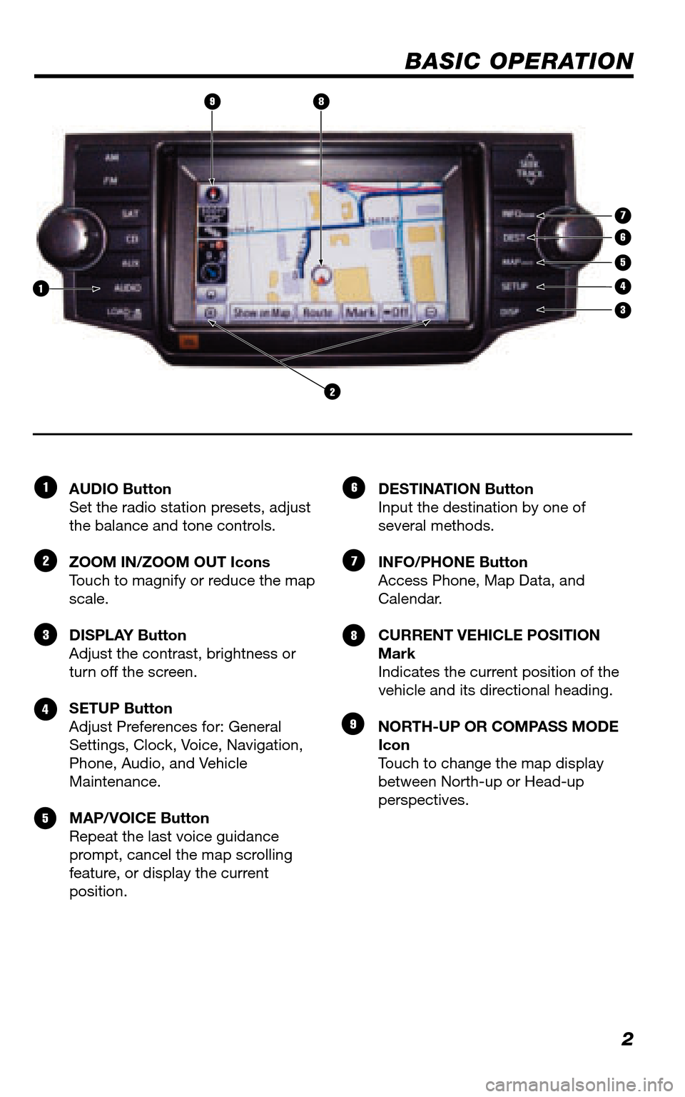 TOYOTA 4RUNNER 2011 N280 / 5.G Navigation Manual 2
BASIC OPERATION
AUDIO Button Set the radio station presets, adjust the balance and tone controls.
ZOOM IN/ZOOM OUT Icons Touch to magnify or reduce the map scale.
DISPLAY Button Adjust the contr TOYOTA 4RUNNER 2011 N280 / 5.G Navigation Manual 2
BASIC OPERATION
AUDIO Button Set the radio station presets, adjust the balance and tone controls.
ZOOM IN/ZOOM OUT Icons Touch to magnify or reduce the map scale.
DISPLAY Button Adjust the contr