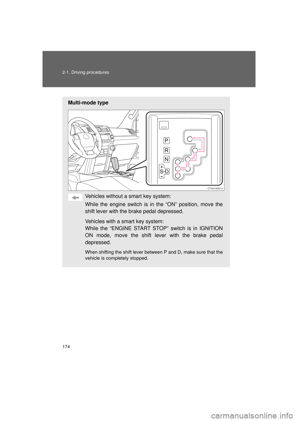 TOYOTA 4RUNNER 2011 N280 / 5.G Owners Manual 174 2-1. Driving procedures
4RUNNER_U
Multi-mode typeVehicles without a smart key system:
While the engine switch is in the “ON” position, move the
shift lever with the brake pedal depressed.
Veh TOYOTA 4RUNNER 2011 N280 / 5.G Owners Manual 174 2-1. Driving procedures
4RUNNER_U
Multi-mode typeVehicles without a smart key system:
While the engine switch is in the “ON” position, move the
shift lever with the brake pedal depressed.
Veh