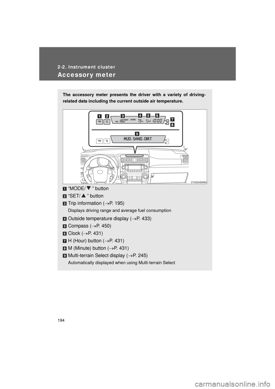 TOYOTA 4RUNNER 2011 N280 / 5.G Owners Manual 194
2-2. Instrument cluster
4RUNNER_U
Accessor y meter
The accessory meter presents the driver with a variety of driving-
related data including the current outside air temperature. 
“MODE/ ” butt