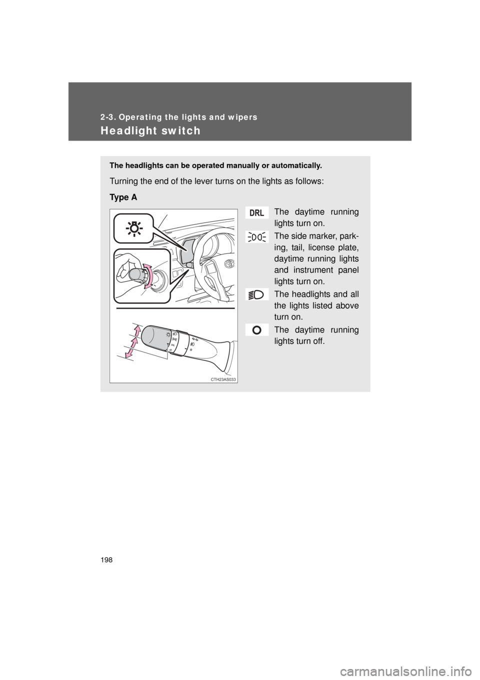 TOYOTA 4RUNNER 2011 N280 / 5.G Owners Manual 198
4RUNNER_U
2-3. Operating the lights and wipers
Headlight switch
The headlights can be operated manually or automatically. 
Turning the end of the lever turns on the lights as follows:
Ty p e  A
Th