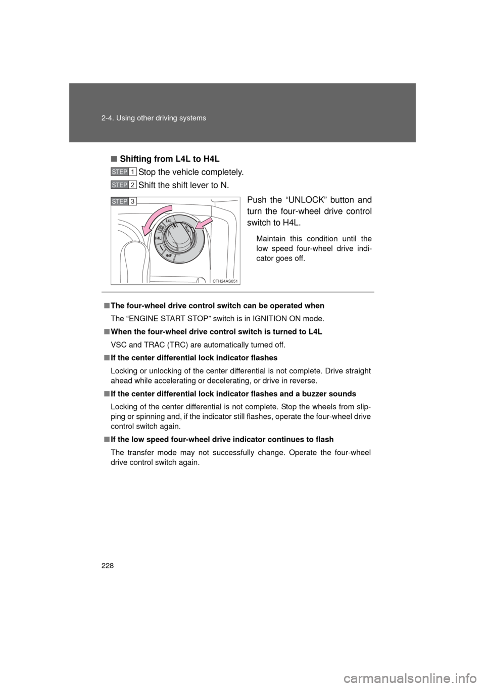 TOYOTA 4RUNNER 2011 N280 / 5.G Owners Manual 228 2-4. Using other driving systems
4RUNNER_U■
Shifting from L4L to H4L
Stop the vehicle completely.
Shift the shift lever to N.
Push the “UNLOCK” button and
turn the four-wheel drive control
s TOYOTA 4RUNNER 2011 N280 / 5.G Owners Manual 228 2-4. Using other driving systems
4RUNNER_U■
Shifting from L4L to H4L
Stop the vehicle completely.
Shift the shift lever to N.
Push the “UNLOCK” button and
turn the four-wheel drive control
s