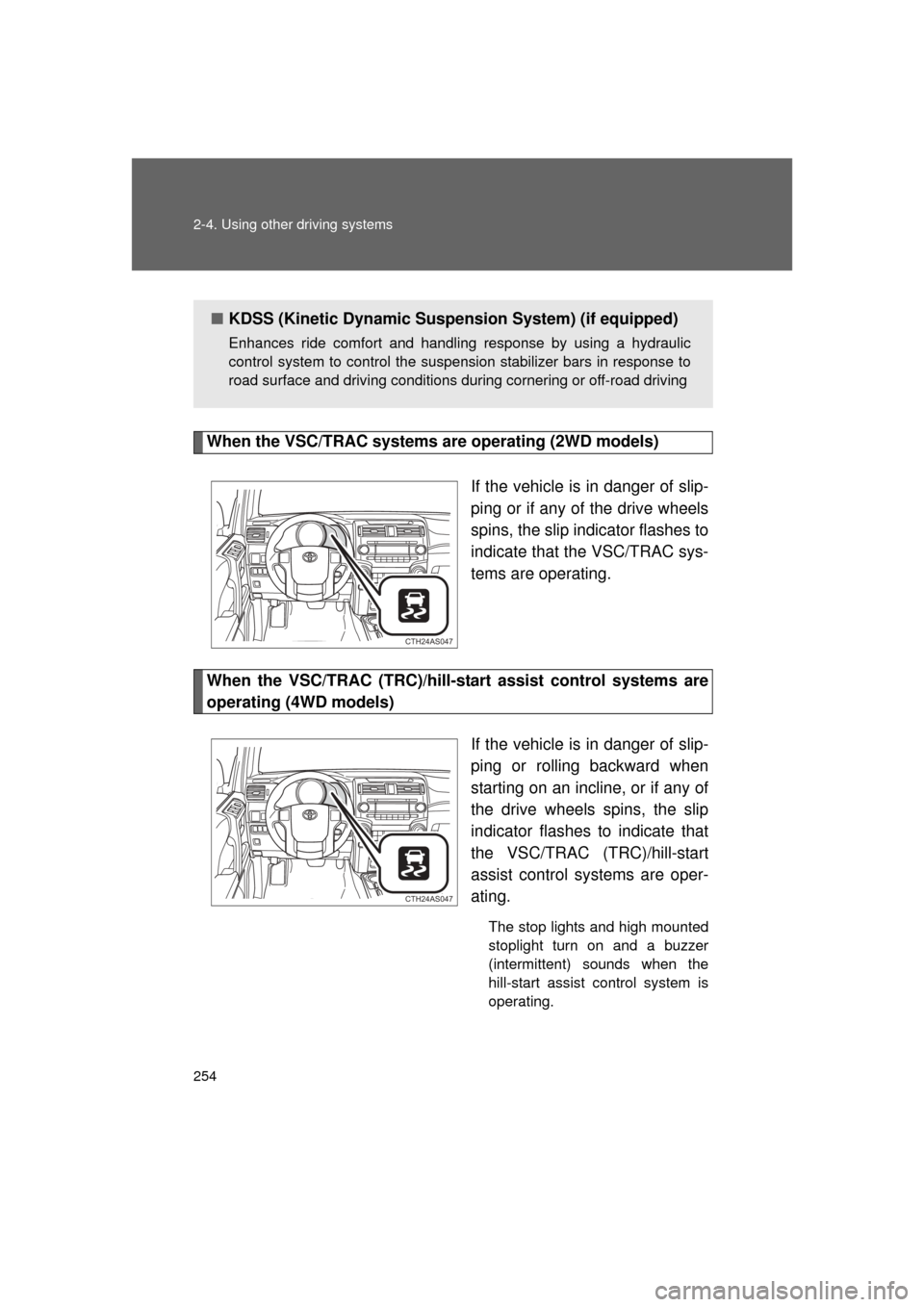 TOYOTA 4RUNNER 2011 N280 / 5.G Owners Manual 254 2-4. Using other driving systems
4RUNNER_U
When the VSC/TRAC systems are operating (2WD models)If the vehicle is in danger of slip-
ping or if any of the drive wheels
spins, the slip indicator fla TOYOTA 4RUNNER 2011 N280 / 5.G Owners Manual 254 2-4. Using other driving systems
4RUNNER_U
When the VSC/TRAC systems are operating (2WD models)If the vehicle is in danger of slip-
ping or if any of the drive wheels
spins, the slip indicator fla