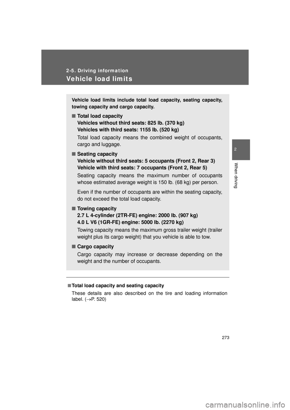 TOYOTA 4RUNNER 2011 N280 / 5.G Owners Manual 273
2-5. Driving information
2
When driving
4RUNNER_U
Vehicle load limits
■Total load capacity and seating capacity
These details are also described on the tire and loading information
label. (P. TOYOTA 4RUNNER 2011 N280 / 5.G Owners Manual 273
2-5. Driving information
2
When driving
4RUNNER_U
Vehicle load limits
■Total load capacity and seating capacity
These details are also described on the tire and loading information
label. (P.