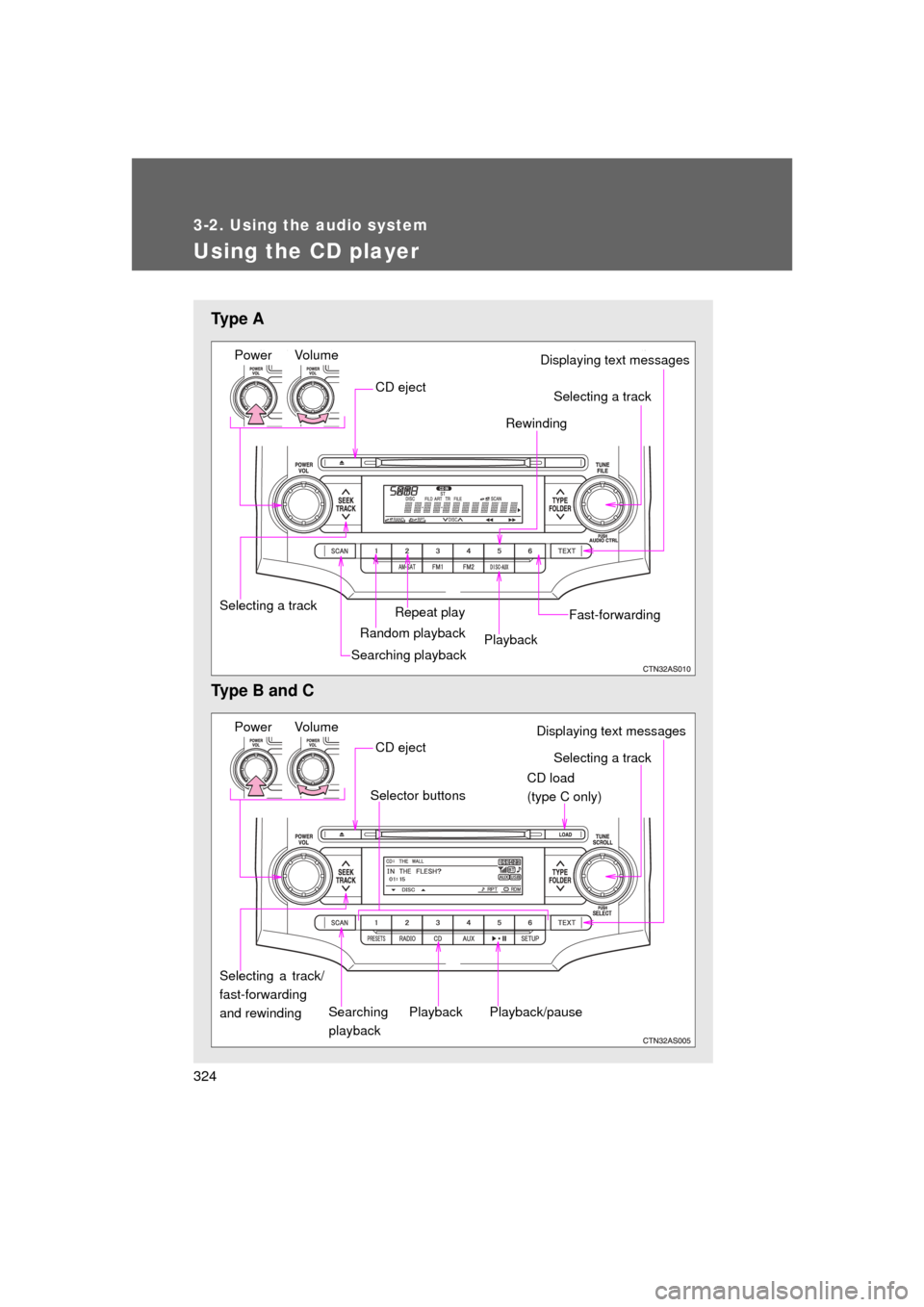 TOYOTA 4RUNNER 2011 N280 / 5.G Owners Manual 324
3-2. Using the audio system
4RUNNER_U
Using the CD player
Ty p e A
Type B and C
Power VolumeDisplaying text messages
CD eject
Repeat play
Selecting a track Rewinding
Random playback
Searching pla TOYOTA 4RUNNER 2011 N280 / 5.G Owners Manual 324
3-2. Using the audio system
4RUNNER_U
Using the CD player
Ty p e A
Type B and C
Power VolumeDisplaying text messages
CD eject
Repeat play
Selecting a track Rewinding
Random playback
Searching pla