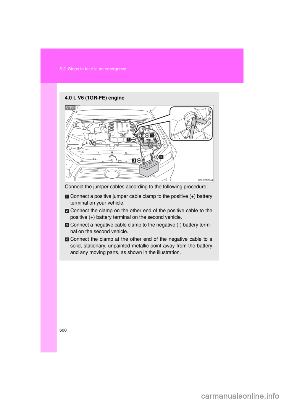 TOYOTA 4RUNNER 2011 N280 / 5.G Owners Manual 600 5-2. Steps to take in an emergency
4RUNNER_U
4.0 L V6 (1GR-FE) engine
Connect the jumper cables according to the following procedure:
Connect a positive jumper cable  clamp to the positive (+) bat