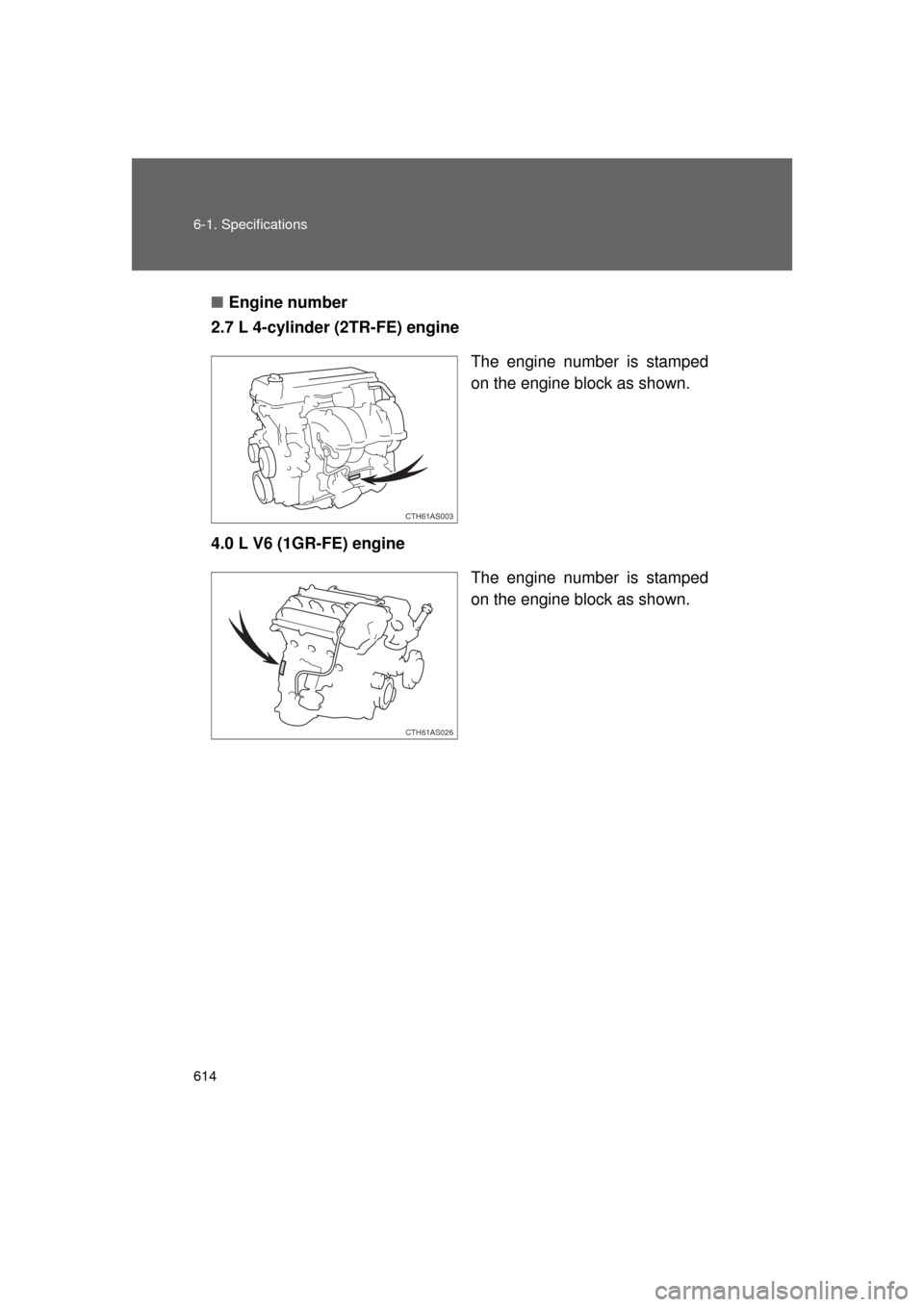 TOYOTA 4RUNNER 2011 N280 / 5.G Owners Manual 614 6-1. Specifications
4RUNNER_U■
Engine number
2.7 L 4-cylinder (2TR-FE) engine
The engine number is stamped
on the engine block as shown.
4.0 L V6 (1GR-FE) engine The engine number is stamped
on 