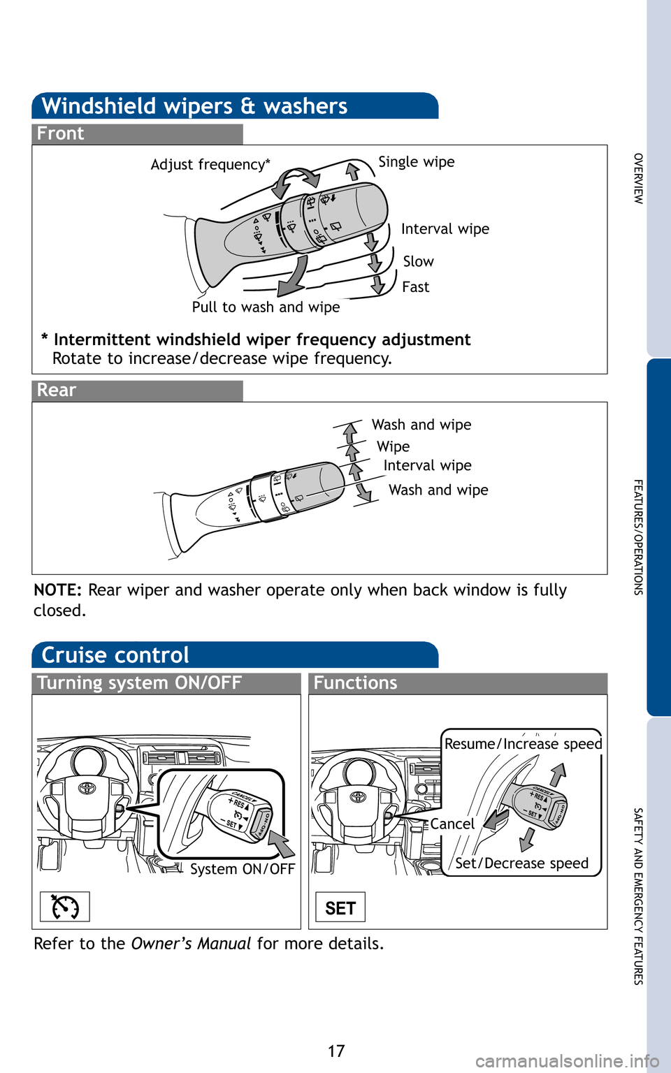 TOYOTA 4RUNNER 2011 N280 / 5.G Quick Reference Guide 17
OVERVIEW
FEATURES/OPERATIONS
SAFETY AND EMERGENCY FEATURES
er aer
Interval wipe
Slow
Fast
Pull to wash and wipe
Adjust frequency*
Wash and wipe
Wipe
Interval wipe
Wash and wipe
NOTE:
Rear wiper and