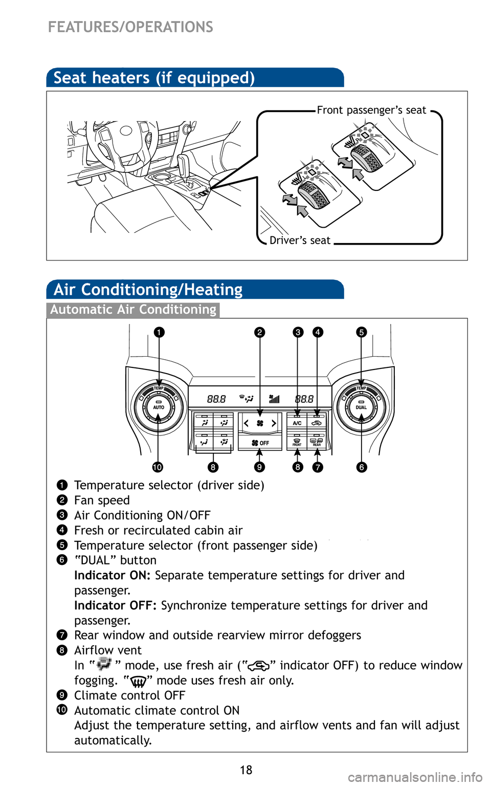 TOYOTA 4RUNNER 2011 N280 / 5.G Quick Reference Guide 18
FEATURES/OPERATIONS
Temperature selector (driver side)
Fan speed
Air Conditioning ON/OFF
Fresh or recirculated cabin air
Temperature selector (front passenger side)
“DUAL” button
Indicator ON: 