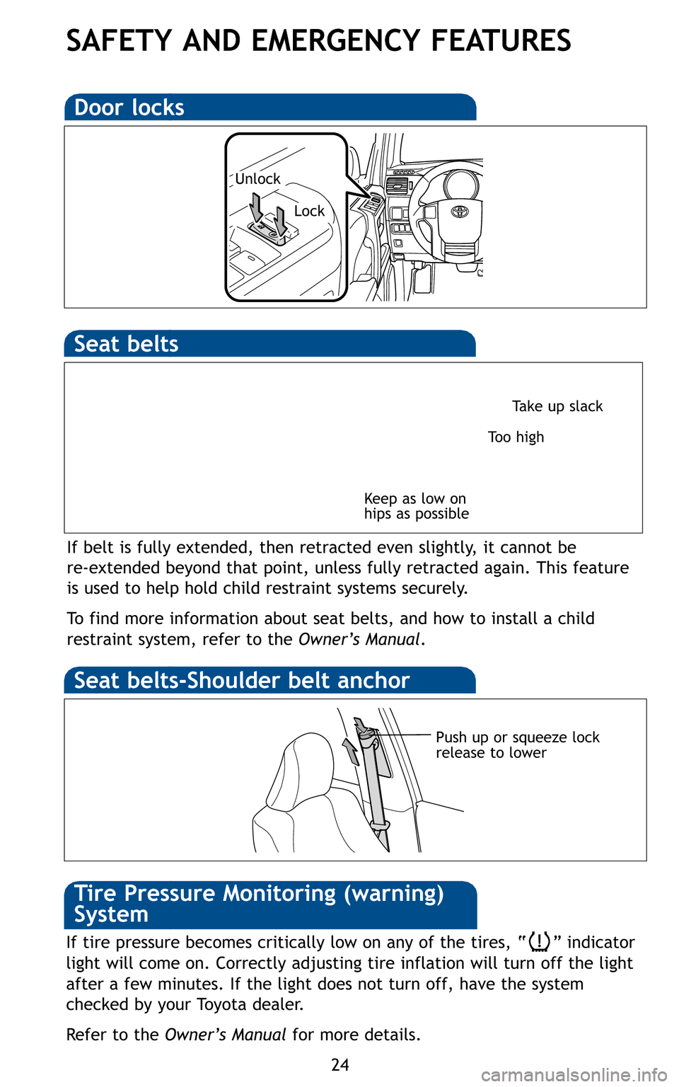 TOYOTA 4RUNNER 2011 N280 / 5.G Quick Reference Guide \f4
SAFETY AND EMERGENCY FEATURES
If tire pressure becomes critically low on any of the tires, “ ” indicator
light will come on\b Correctly adjusting tire inflation will turn off the light
after a