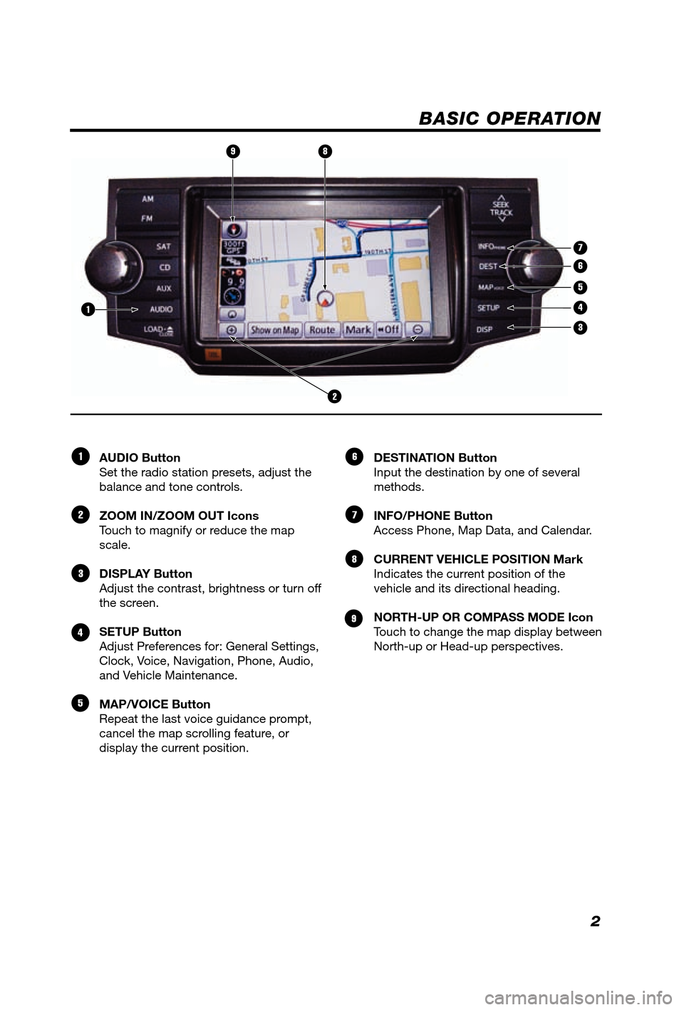 TOYOTA 4RUNNER 2012 N280 / 5.G Navigation Manual 2
BASIC OPERATION
AUDIO Button
Set the radio station presets, adjust the
balance and tone controls.
ZOOM IN/ZOOM OUT Icons
Touch to magnify or reduce the map
scale.
DISPLAY Button
Adjust the contr TOYOTA 4RUNNER 2012 N280 / 5.G Navigation Manual 2
BASIC OPERATION
AUDIO Button
Set the radio station presets, adjust the
balance and tone controls.
ZOOM IN/ZOOM OUT Icons
Touch to magnify or reduce the map
scale.
DISPLAY Button
Adjust the contr