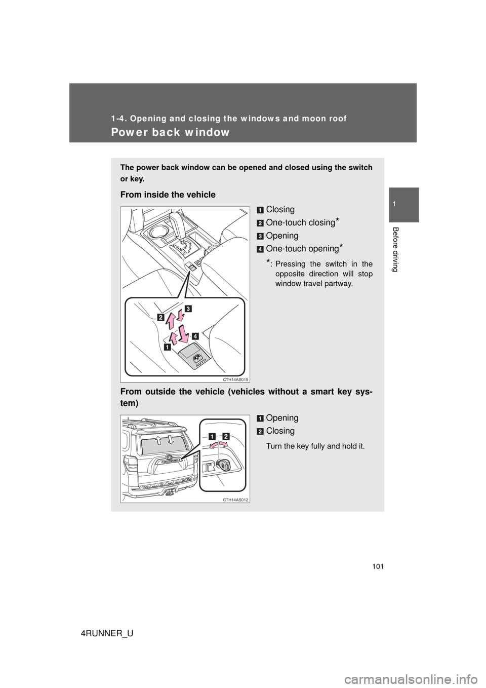 TOYOTA 4RUNNER 2012 N280 / 5.G Owners Manual 101
1
1-4. Opening and closing the windows and moon roof
Before driving
4RUNNER_U
Power back window
The power back window can be opened and closed using the switch
or key.
From inside the vehicleClosi