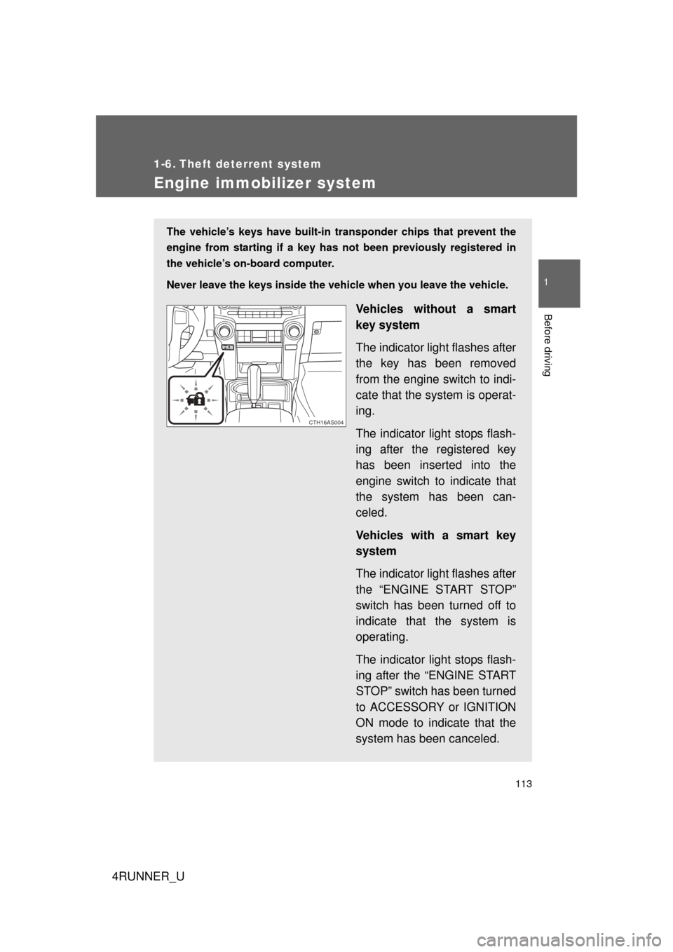 TOYOTA 4RUNNER 2012 N280 / 5.G Owners Manual 113
1
Before driving
4RUNNER_U
1-6. Theft deterrent system
Engine immobilizer system
The vehicle’s keys have built-in transponder chips that prevent the
engine from starting if a key has not been p TOYOTA 4RUNNER 2012 N280 / 5.G Owners Manual 113
1
Before driving
4RUNNER_U
1-6. Theft deterrent system
Engine immobilizer system
The vehicle’s keys have built-in transponder chips that prevent the
engine from starting if a key has not been p