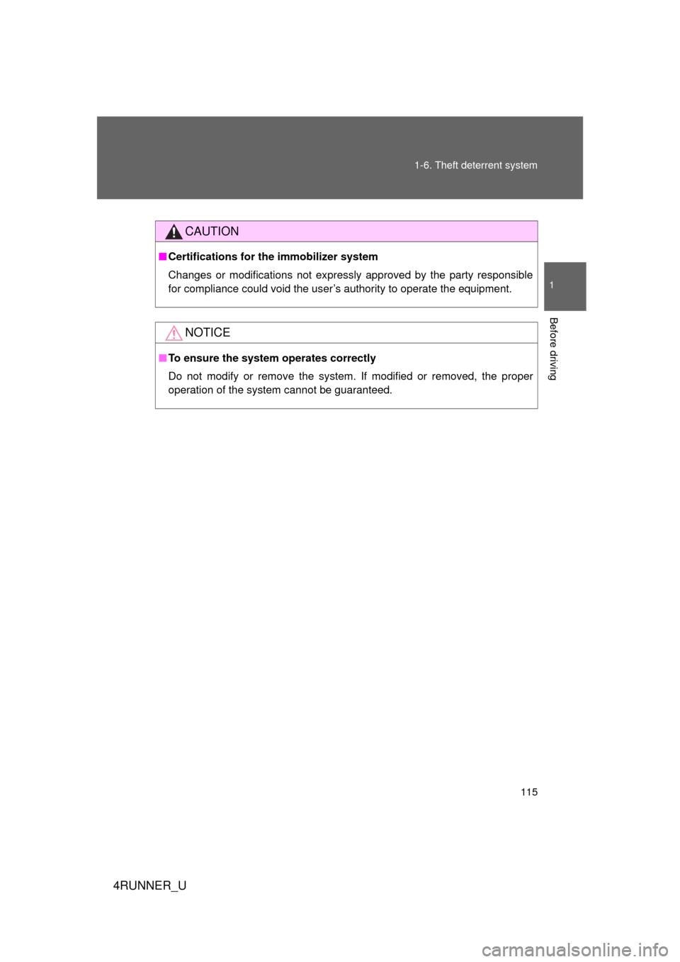 TOYOTA 4RUNNER 2012 N280 / 5.G Owners Manual 115
1-6. Theft deterrent system
1
Before driving
4RUNNER_U
CAUTION
■
Certifications for the immobilizer system
Changes or modifications not expressly approved by the party responsible
for compliance