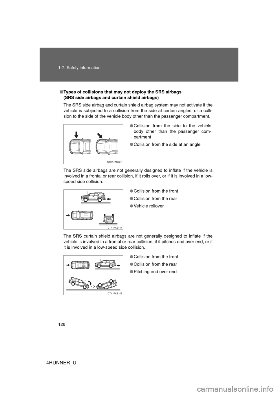 TOYOTA 4RUNNER 2012 N280 / 5.G Owners Manual 126 1-7. Safety information
4RUNNER_U
■Types of collisions that m ay not deploy the SRS airbags
(SRS side airbags and curtain shield airbags)
The SRS side airbag and curtain shield airbag system m TOYOTA 4RUNNER 2012 N280 / 5.G Owners Manual 126 1-7. Safety information
4RUNNER_U
■Types of collisions that m ay not deploy the SRS airbags
(SRS side airbags and curtain shield airbags)
The SRS side airbag and curtain shield airbag system m