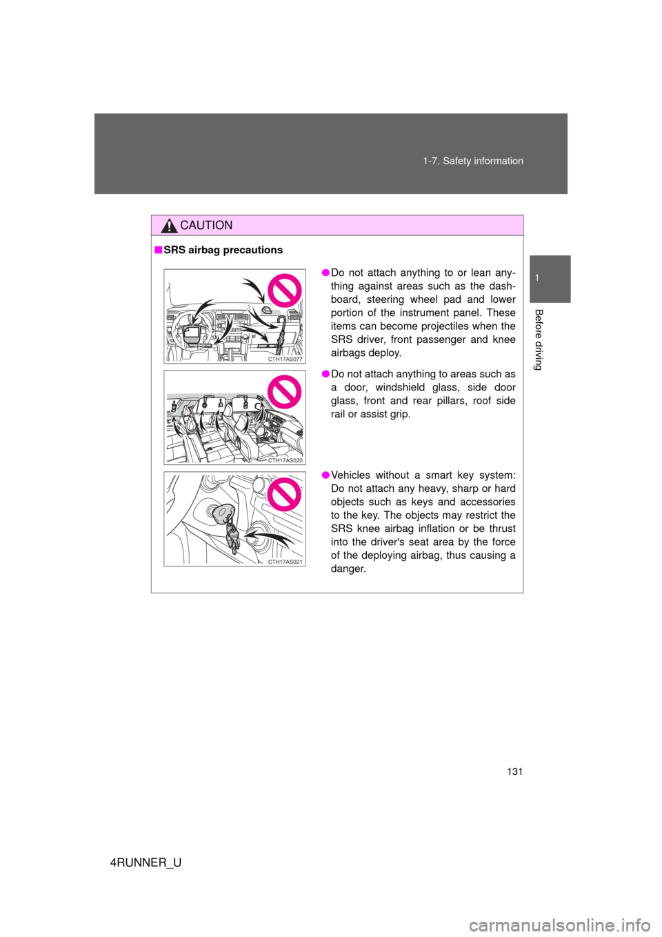 TOYOTA 4RUNNER 2012 N280 / 5.G Owners Manual 131
1-7. Safety information
1
Before driving
4RUNNER_U
CAUTION
■
SRS airbag precautions
●Do not attach anything to or lean any-
thing against areas such as the dash-
board, steering wheel pad and 