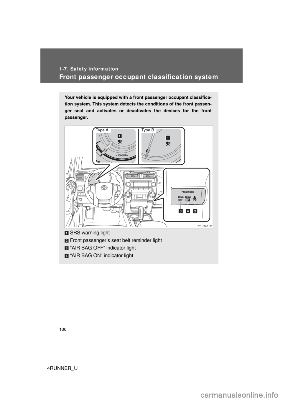 TOYOTA 4RUNNER 2012 N280 / 5.G Owners Manual 136
1-7. Safety information
4RUNNER_U
Front passenger occupant classification system
Your vehicle is equipped with a front passenger occupant classifica-
tion system. This system detects the condition TOYOTA 4RUNNER 2012 N280 / 5.G Owners Manual 136
1-7. Safety information
4RUNNER_U
Front passenger occupant classification system
Your vehicle is equipped with a front passenger occupant classifica-
tion system. This system detects the condition