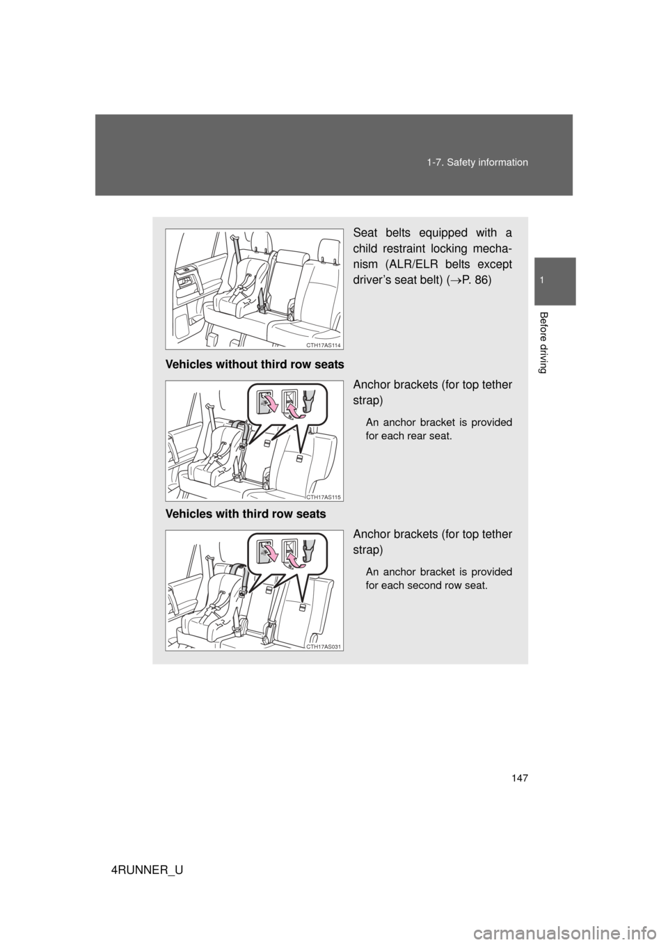 TOYOTA 4RUNNER 2012 N280 / 5.G Owners Manual 147
1-7. Safety information
1
Before driving
4RUNNER_U
Seat belts equipped with a
child restraint locking mecha-
nism (ALR/ELR belts except
driver’s seat belt) (
P. 86)
Vehicles without third row TOYOTA 4RUNNER 2012 N280 / 5.G Owners Manual 147
1-7. Safety information
1
Before driving
4RUNNER_U
Seat belts equipped with a
child restraint locking mecha-
nism (ALR/ELR belts except
driver’s seat belt) (
P. 86)
Vehicles without third row