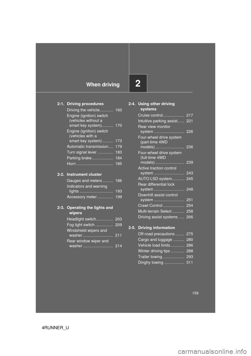 TOYOTA 4RUNNER 2012 N280 / 5.G Owners Manual When driving2
159
4RUNNER_U
2-1. Driving proceduresDriving the vehicle............ 160
Engine (ignition) switch (vehicles without a
smart key system).......... 170
Engine (ignition) switch (vehicl TOYOTA 4RUNNER 2012 N280 / 5.G Owners Manual When driving2
159
4RUNNER_U
2-1. Driving proceduresDriving the vehicle............ 160
Engine (ignition) switch (vehicles without a
smart key system).......... 170
Engine (ignition) switch (vehicl