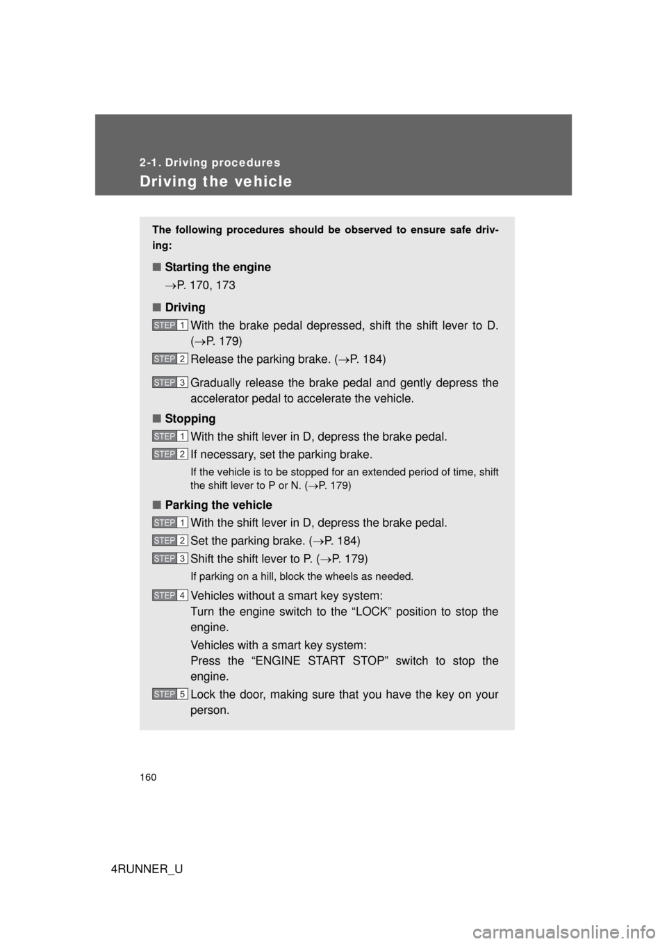 TOYOTA 4RUNNER 2012 N280 / 5.G Service Manual 160
4RUNNER_U
2-1. Driving procedures
Driving the vehicle
The following procedures should be observed to ensure safe driv-
ing:
■ Starting the engine
P. 170, 173
■ Driving
With the brake pedal 