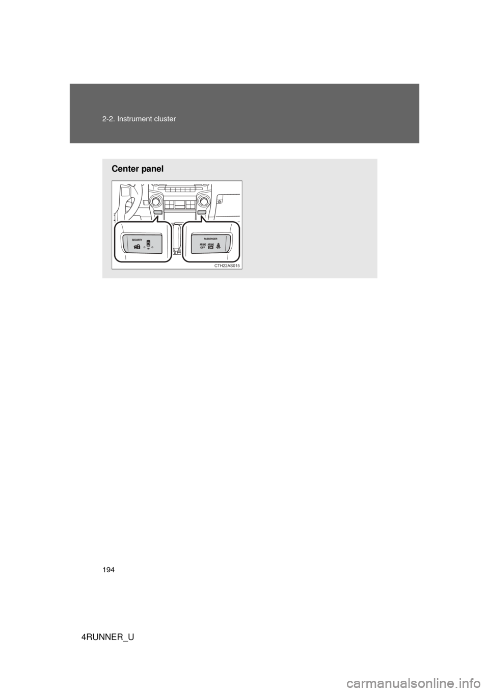 TOYOTA 4RUNNER 2012 N280 / 5.G Owners Manual 194 2-2. Instrument cluster
4RUNNER_U
Center panel
CTH22AS015 
