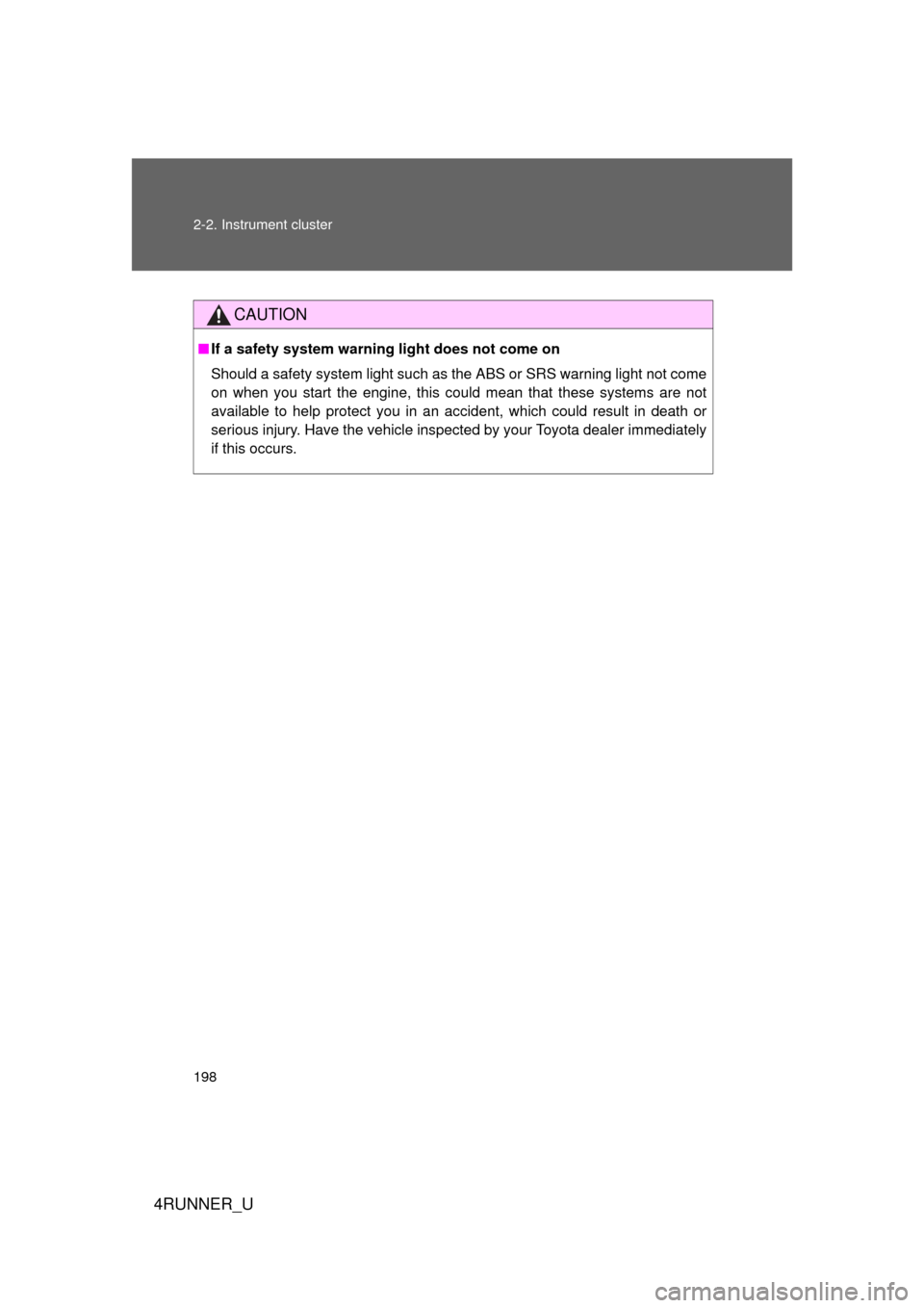 TOYOTA 4RUNNER 2012 N280 / 5.G Owners Manual 198 2-2. Instrument cluster
4RUNNER_U
CAUTION
■If a safety system warning light does not come on
Should a safety system light such as the ABS or SRS warning light not come
on when you start the engi