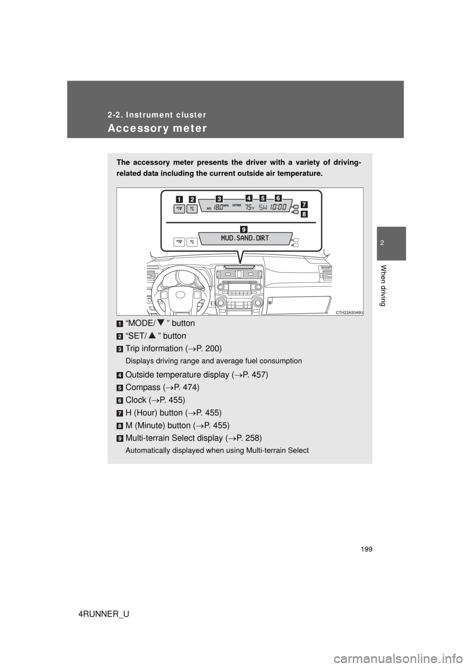 TOYOTA 4RUNNER 2012 N280 / 5.G Owners Manual 199
2-2. Instrument cluster
2
When driving
4RUNNER_U
Accessor y meter
The accessory meter presents the driver with a variety of driving-
related data including the current outside air temperature. 
