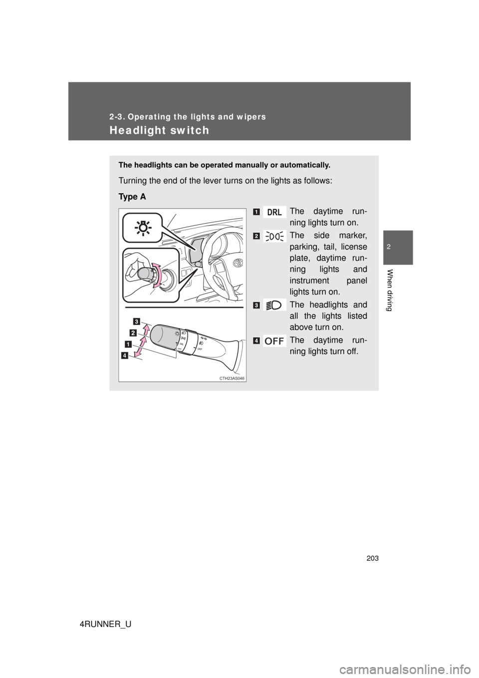 TOYOTA 4RUNNER 2012 N280 / 5.G Owners Manual 203
2
When driving
4RUNNER_U
2-3. Operating the lights and wipers
Headlight switch
The headlights can be operated manually or automatically. 
Turning the end of the lever turns on the lights as follow