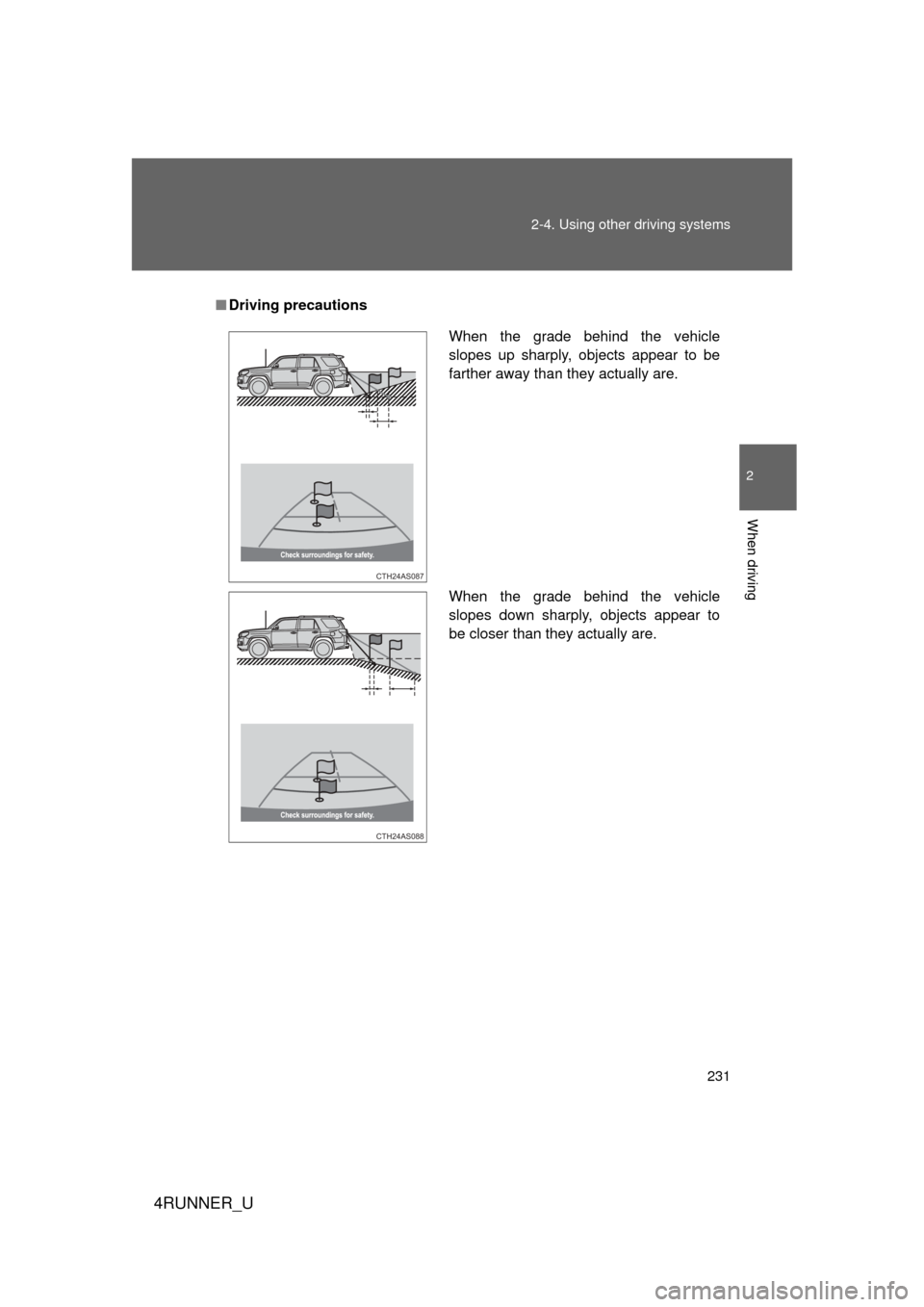 TOYOTA 4RUNNER 2012 N280 / 5.G Owners Manual 231
2-4. Using other
driving systems
2
When driving
4RUNNER_U
■Driving precautions
When the grade behind the vehicle
slopes up sharply, objects appear to be
farther away than they actually are.
Whe TOYOTA 4RUNNER 2012 N280 / 5.G Owners Manual 231
2-4. Using other
driving systems
2
When driving
4RUNNER_U
■Driving precautions
When the grade behind the vehicle
slopes up sharply, objects appear to be
farther away than they actually are.
Whe