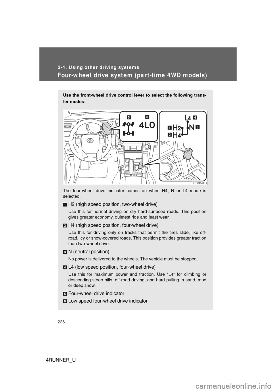 TOYOTA 4RUNNER 2012 N280 / 5.G Owners Manual 236
2-4. Using other driving systems
4RUNNER_U
Four-wheel drive system (par t-time 4WD models)
Use the front-wheel drive control lever to select the following trans-
fer modes:
The four-wheel drive in