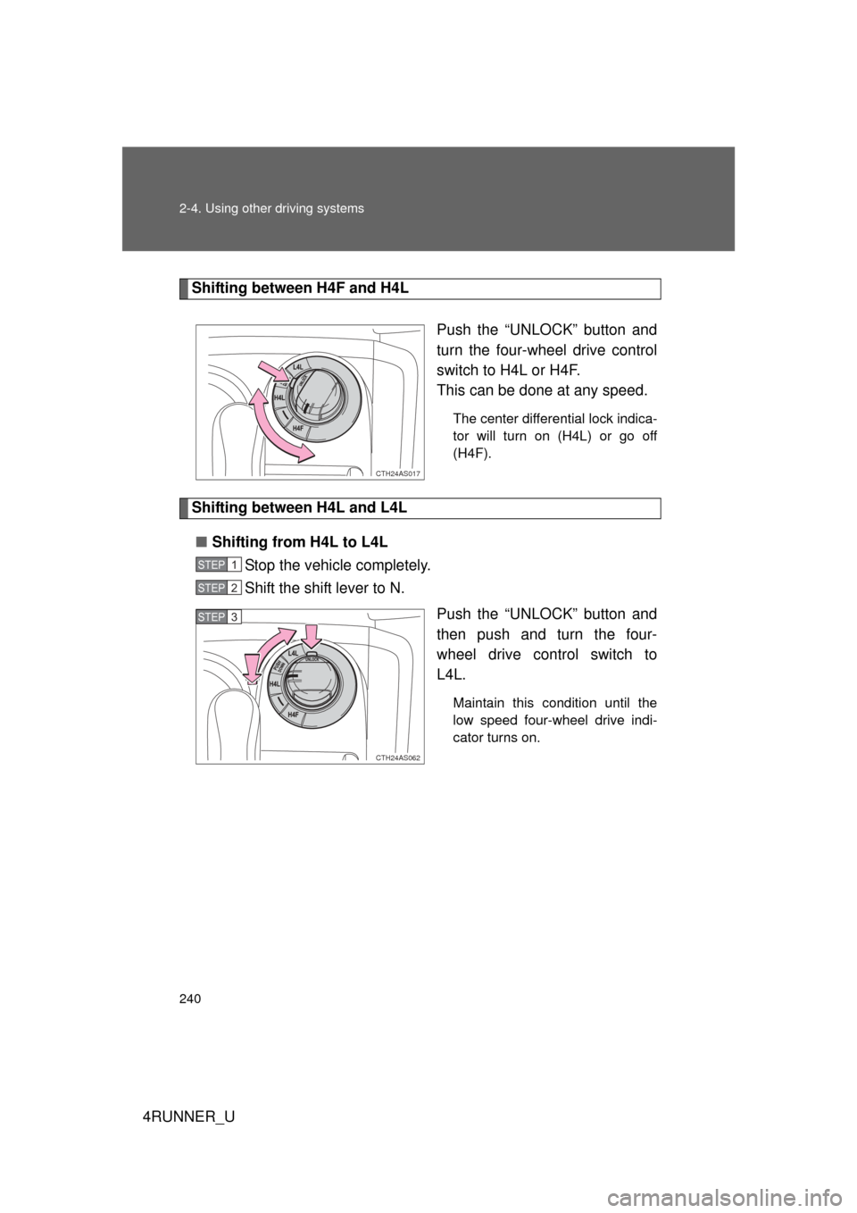 TOYOTA 4RUNNER 2012 N280 / 5.G Owners Manual 240 2-4. Using other driving systems
4RUNNER_U
Shifting between H4F and H4LPush the “UNLOCK” button and
turn the four-wheel drive control
switch to H4L or H4F.
This can be done at any speed.
The c TOYOTA 4RUNNER 2012 N280 / 5.G Owners Manual 240 2-4. Using other driving systems
4RUNNER_U
Shifting between H4F and H4LPush the “UNLOCK” button and
turn the four-wheel drive control
switch to H4L or H4F.
This can be done at any speed.
The c