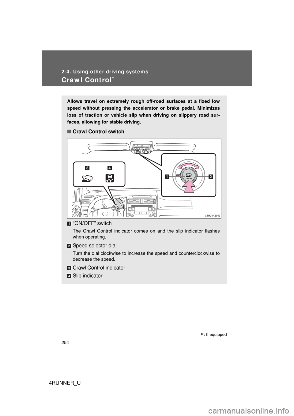 TOYOTA 4RUNNER 2012 N280 / 5.G Owners Manual 254
2-4. Using other driving systems
4RUNNER_U
Crawl Control
Allows travel on extremely rough off-road surfaces at a fixed low
speed without pressing the accelerat or or brake pedal. Minimizes
loss TOYOTA 4RUNNER 2012 N280 / 5.G Owners Manual 254
2-4. Using other driving systems
4RUNNER_U
Crawl Control
Allows travel on extremely rough off-road surfaces at a fixed low
speed without pressing the accelerat or or brake pedal. Minimizes
loss