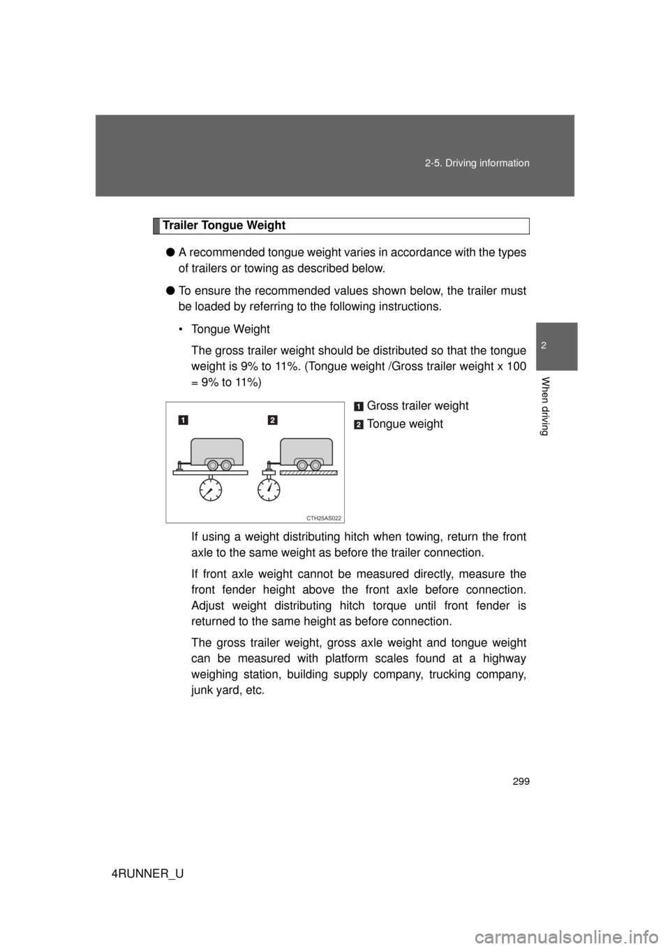 TOYOTA 4RUNNER 2012 N280 / 5.G Owners Manual 299
2-5. Driving information
2
When driving
4RUNNER_U
Trailer Tongue Weight
● A recommended tongue weight varies in accordance with the types
of trailers or towing as described below.
● To ensure TOYOTA 4RUNNER 2012 N280 / 5.G Owners Manual 299
2-5. Driving information
2
When driving
4RUNNER_U
Trailer Tongue Weight
● A recommended tongue weight varies in accordance with the types
of trailers or towing as described below.
● To ensure