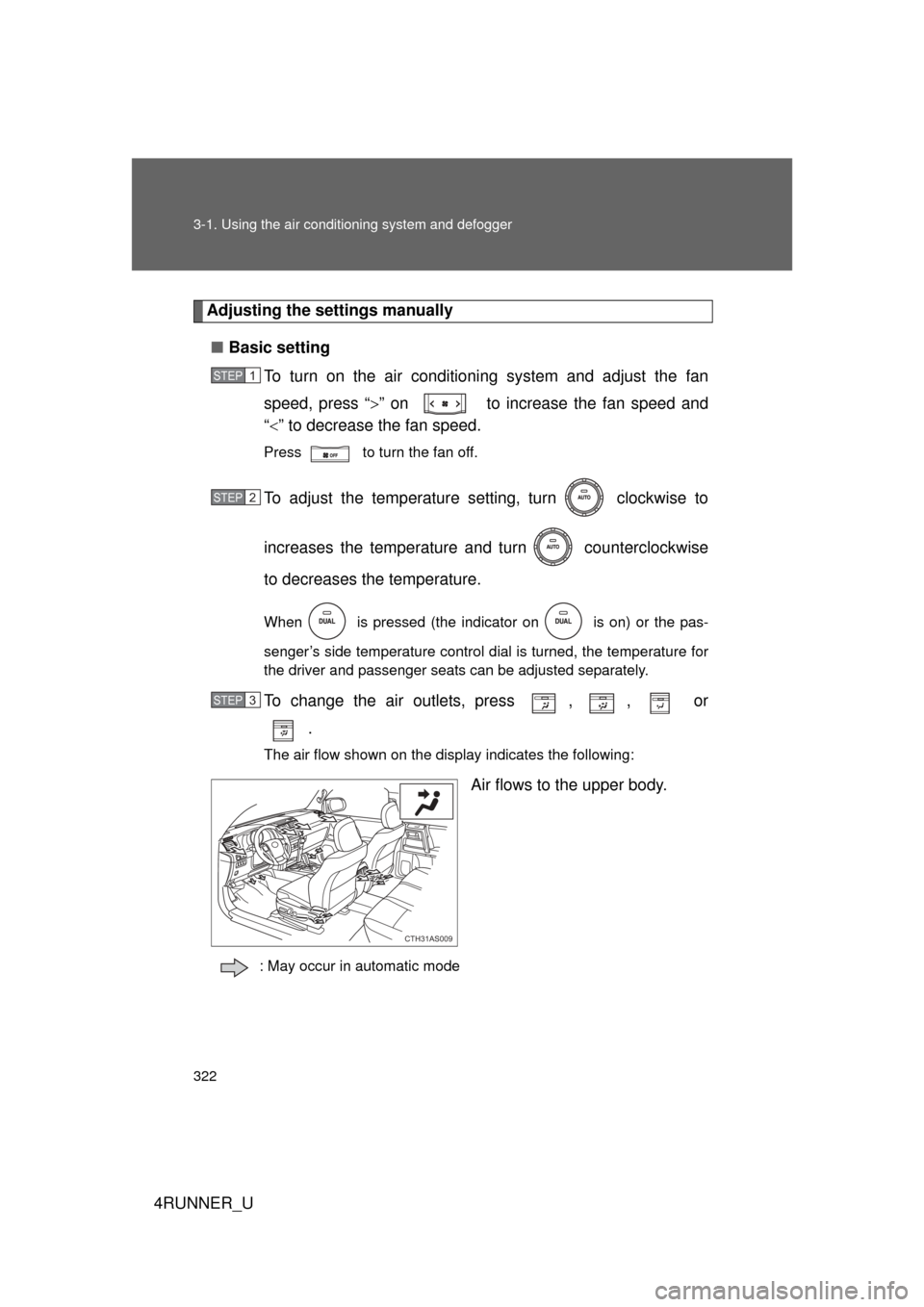 TOYOTA 4RUNNER 2012 N280 / 5.G Owners Manual 322 3-1. Using the air conditioning system and defogger
4RUNNER_U
Adjusting the settings manually
■ Basic setting
To turn on the air conditioning system and adjust the fan
speed, press “ ” on TOYOTA 4RUNNER 2012 N280 / 5.G Owners Manual 322 3-1. Using the air conditioning system and defogger
4RUNNER_U
Adjusting the settings manually
■ Basic setting
To turn on the air conditioning system and adjust the fan
speed, press “ ” on