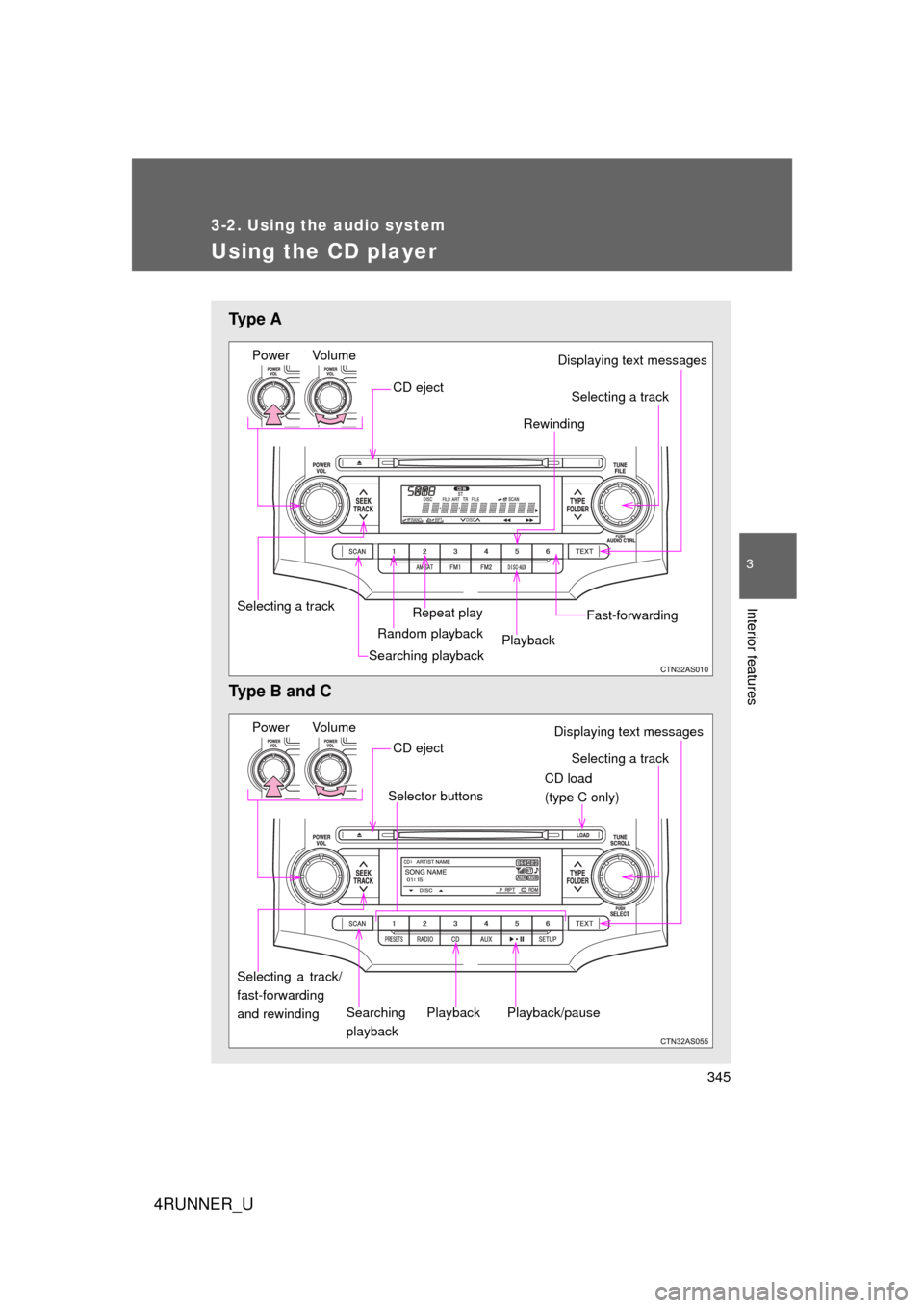 TOYOTA 4RUNNER 2012 N280 / 5.G Owners Manual 345
3-2. Using the audio system
3
Interior features
4RUNNER_U
Using the CD player
Ty p e  A
Type B and C
Power VolumeDisplaying text messages
CD eject
Repeat play
Selecting a track Rewinding
Random pl