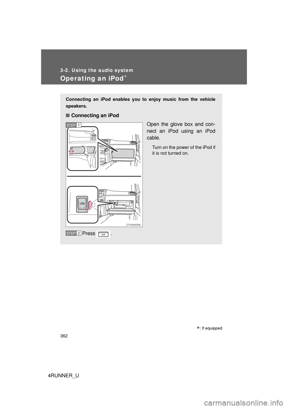 TOYOTA 4RUNNER 2012 N280 / 5.G Service Manual 362
3-2. Using the audio system
4RUNNER_U
Operating an iPod
Connecting an iPod enables you to enjoy music from the vehicle
speakers.
■ Connecting an iPod
Open the glove box and con-
nect an iPod 