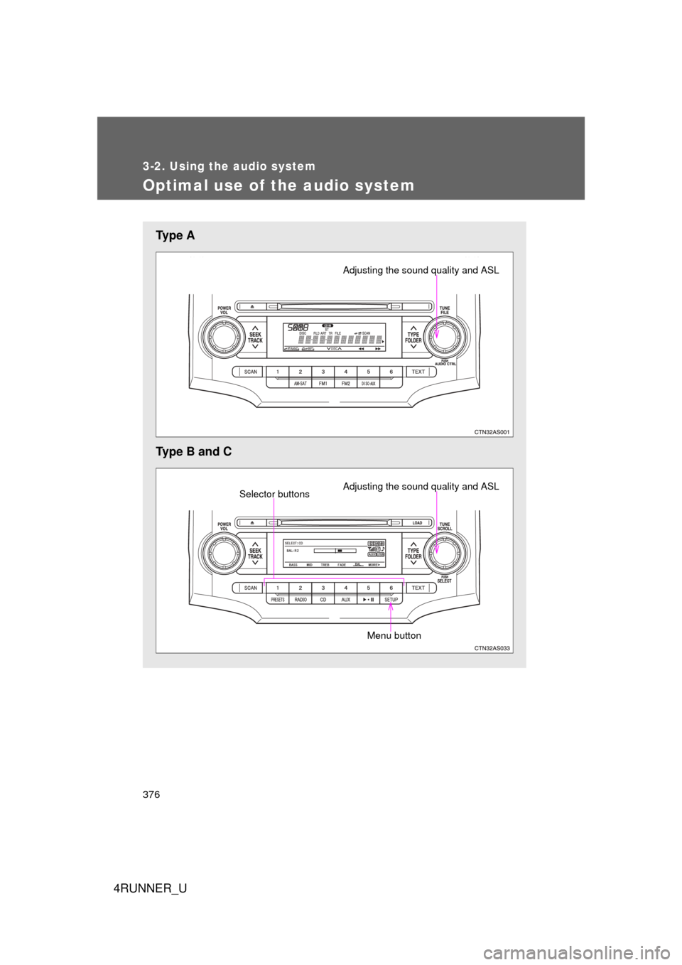 TOYOTA 4RUNNER 2012 N280 / 5.G Owners Manual 376
3-2. Using the audio system
4RUNNER_U
Optimal use of the audio system
Ty p e A
Type B and C
Adjusting the sound quality and ASL
Adjusting the sound quality and ASLSelector buttons
Menu button TOYOTA 4RUNNER 2012 N280 / 5.G Owners Manual 376
3-2. Using the audio system
4RUNNER_U
Optimal use of the audio system
Ty p e A
Type B and C
Adjusting the sound quality and ASL
Adjusting the sound quality and ASLSelector buttons
Menu button