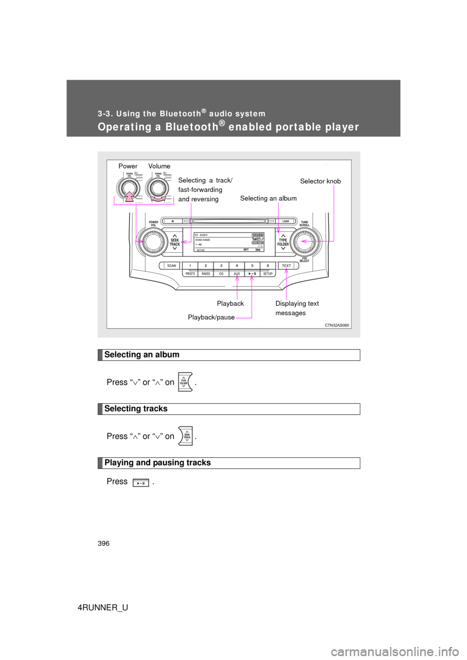 TOYOTA 4RUNNER 2012 N280 / 5.G Owners Manual 396
3-3. Using the Bluetooth® audio system
4RUNNER_U
Operating a Bluetooth® enabled portable player
Selecting an albumPress “ ” or “ ” on .
Selecting tracks
Press “ ” or “ TOYOTA 4RUNNER 2012 N280 / 5.G Owners Manual 396
3-3. Using the Bluetooth® audio system
4RUNNER_U
Operating a Bluetooth® enabled portable player
Selecting an albumPress “ ” or “ ” on .
Selecting tracks
Press “ ” or “