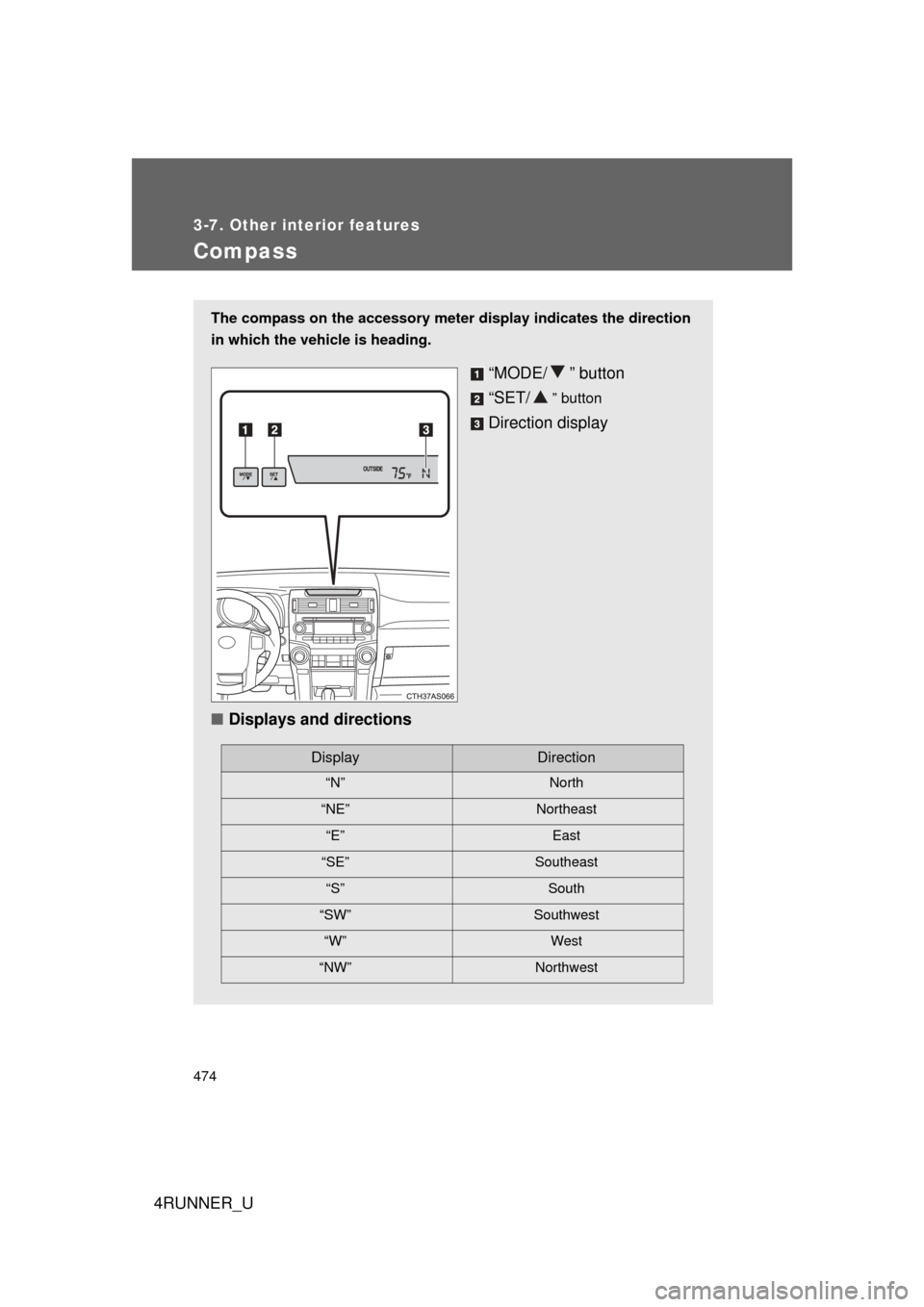 TOYOTA 4RUNNER 2012 N280 / 5.G Owners Manual 474
3-7. Other interior features
4RUNNER_U
Compass
The compass on the accessory meter display indicates the direction
in which the vehicle is heading.
“MODE/ ” button
“SET/
” button
Direction TOYOTA 4RUNNER 2012 N280 / 5.G Owners Manual 474
3-7. Other interior features
4RUNNER_U
Compass
The compass on the accessory meter display indicates the direction
in which the vehicle is heading.
“MODE/ ” button
“SET/
” button
Direction