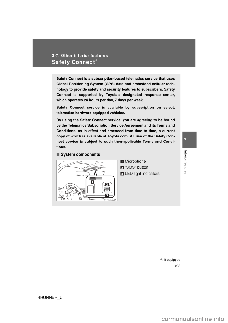 TOYOTA 4RUNNER 2012 N280 / 5.G Owners Manual 493
3-7. Other interior features
3
Interior features
4RUNNER_U
Safety Connect
Safety Connect is a subscription-based telematics service that uses
Global Positioning System (GPS) data and embedded c