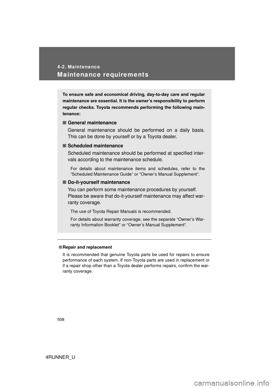 TOYOTA 4RUNNER 2012 N280 / 5.G Owners Manual 508
4RUNNER_U
4-2. Maintenance
Maintenance requirements
■Repair and replacement
It is recommended that genuine Toyota parts be used for repairs to ensure
performance of each system. If non-Toyota pa