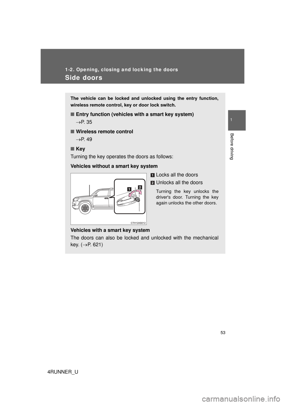 TOYOTA 4RUNNER 2012 N280 / 5.G User Guide 53
1
1-2. Opening, closing and locking the doors
Before driving
4RUNNER_U
Side doors
The vehicle can be locked and unlocked using the entry function,
wireless remote control, key or door lock switch. 